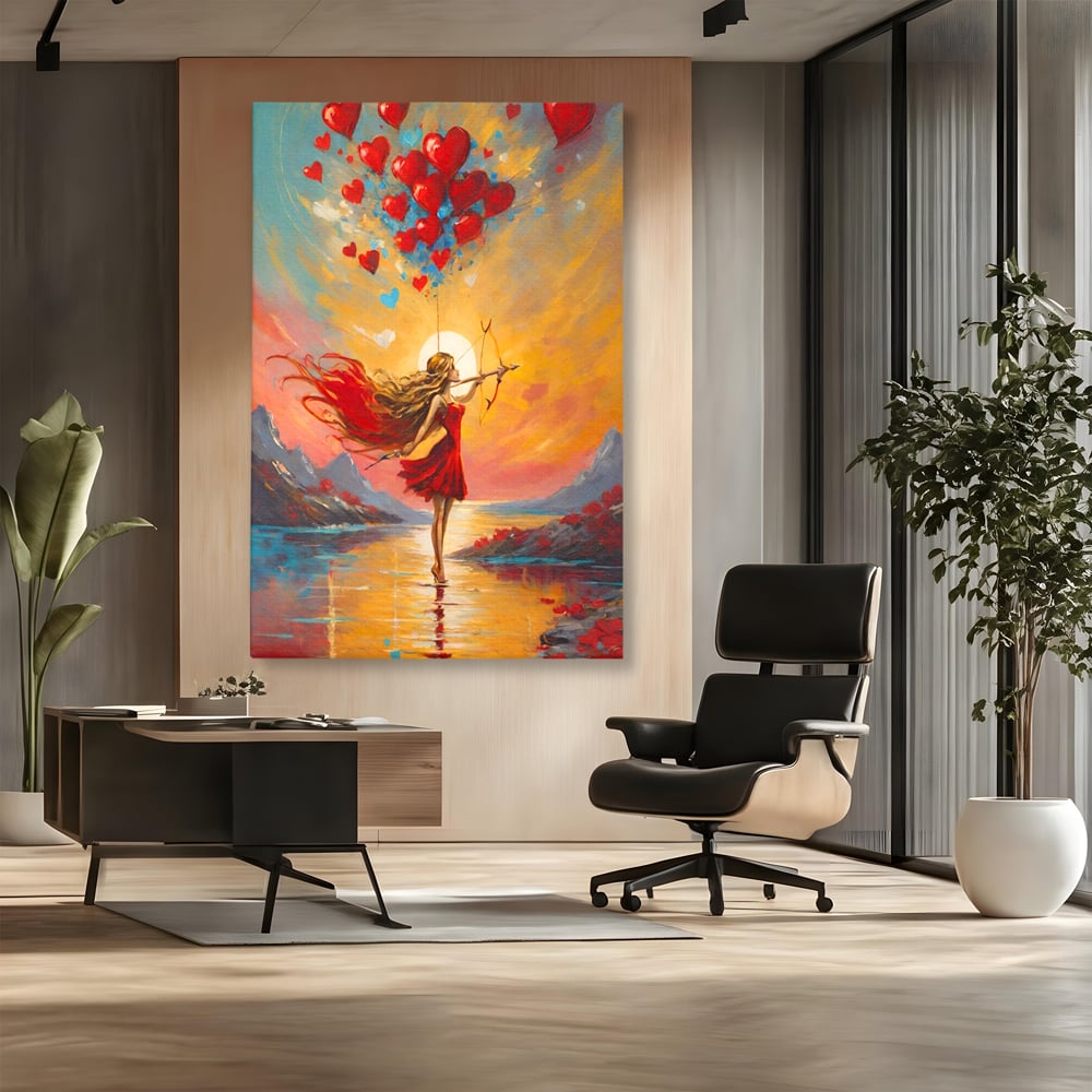 Tablou canvas cu pictura cu femeie armata cu arc si inimi, fara rama, pe sasiu de lemn, pe perete intr-un birou